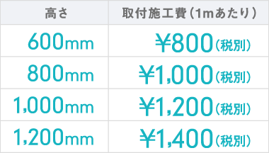 600mm : ¥800（税別） | 800mm : ¥1,000（税別） | 1,000mm : ¥1,200（税別） | 1,200mm : ¥1,400（税別）