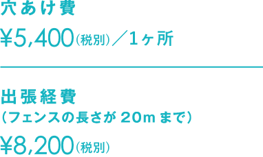 穴あけ費 ¥4,900（税別）／1ヶ所 | 出張経費 （フェンスの長さが20mまで）¥7,500（税別）